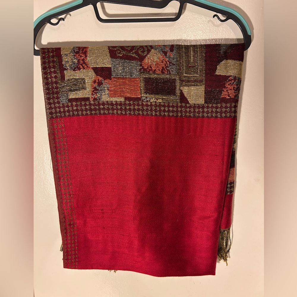 Pashima Patchwork Patterned Red Scarf With Fringe - image 2